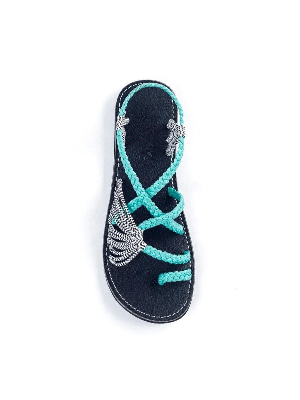Plaka Palm Leaf. Women's Turquoise-Zebra Flat Sandal Shoes Size 7M